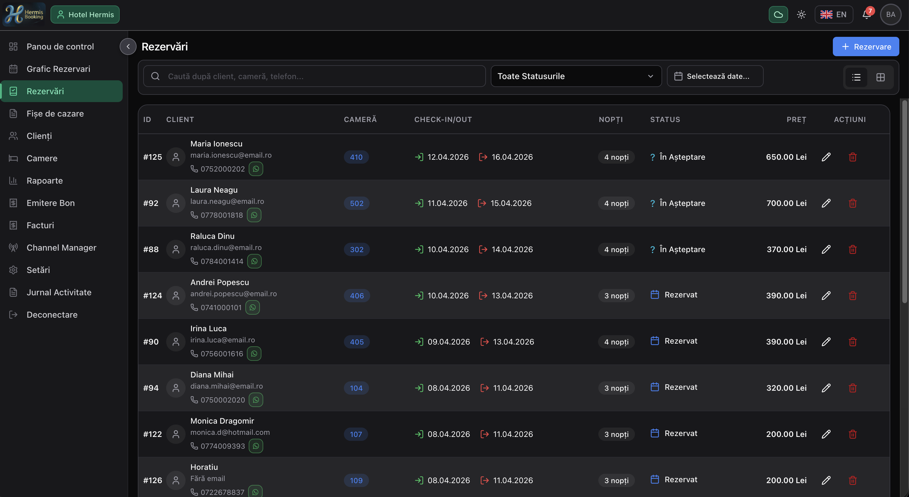 Hermis — Lista rezervari